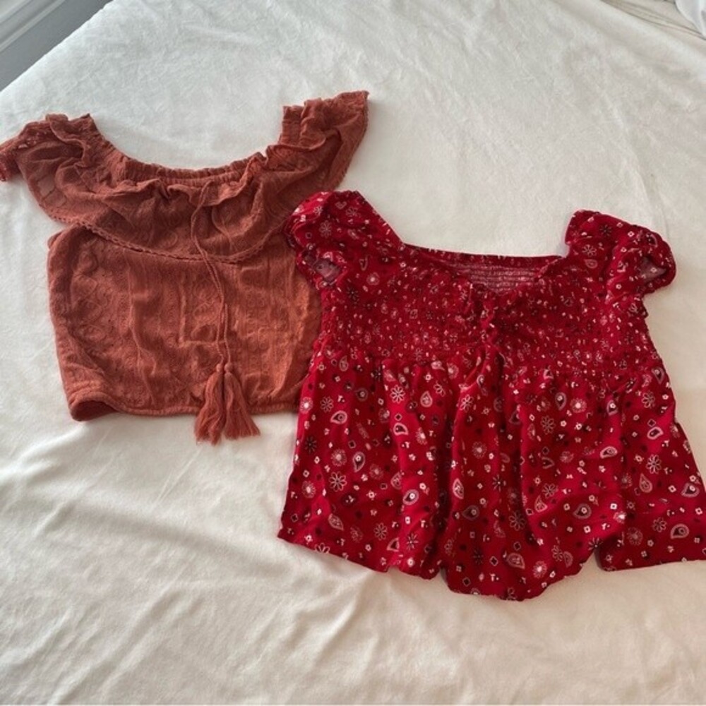 TWO FOR ONE Peasant Blouse Crop Lace Ruffle Tassel Red Black Paisley Orange SZ S